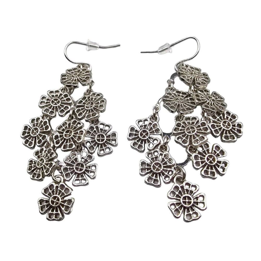 Floral Chandelier Earrings Cascading Design Pierced Dangles Silver Tone SKU P17